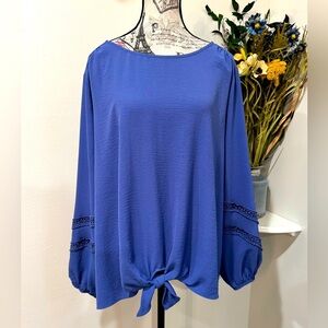 I.N. Studio Elegant Blue Front Tie Blue Blouse Balloon Lace Sleeves  Size 2XL